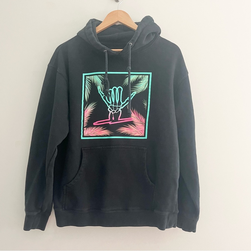 Vintage Shreddy Hoodie w Neon Shaka Surfer on Wave Black Unisex Medium Pullover